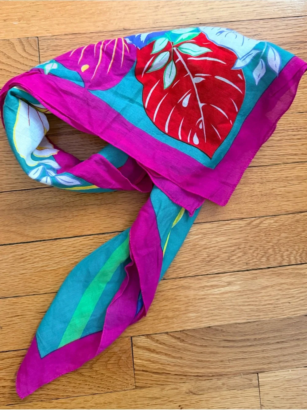 Vintage Teal Floral & Stripe Scarf with Magenta Trim